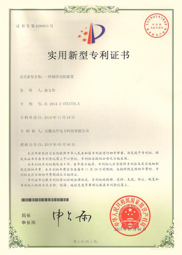 Bronze cutting patent certificate